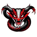 Japanese-style snake sleeve with a demonized head, vibrant colors:red, pale blue, black, white and fillers like sakura  tattoo design idea