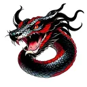 Japanese-style snake sleeve with a demonized head, vibrant colors:red, pale blue, black, white and fillers like sakura  tattoo design idea