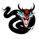 Japanese-style snake sleeve with a demonized head, vibrant colors:red, pale blue, black, white and fillers like sakura  tattoo design idea