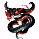 Japanese-style snake sleeve with a demonized head, vibrant colors:red, pale blue, black, white and fillers like sakura  tattoo design idea