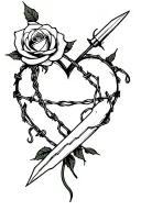 dagger through heart with a rose wrapped with barb wire  tattoo design idea