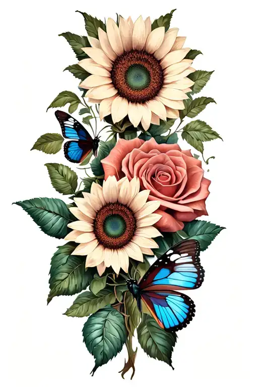 sunflowers and roses butterfly tattoo design idea