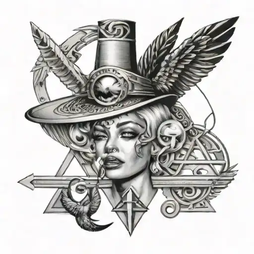 Can you design a tattoo design for men from elbow to wrist featuring things like marlyn monroe, ankh symbol, eye of ra a tattoo design idea