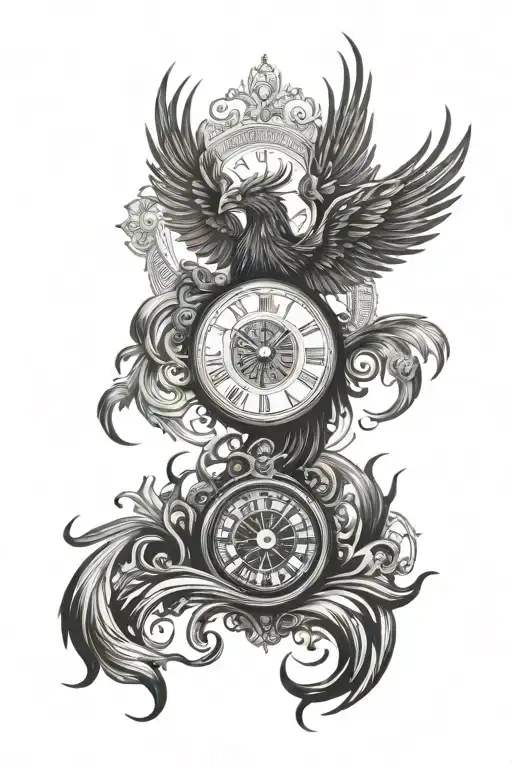 phoenix rising with time clock and mantra written tattoo design idea