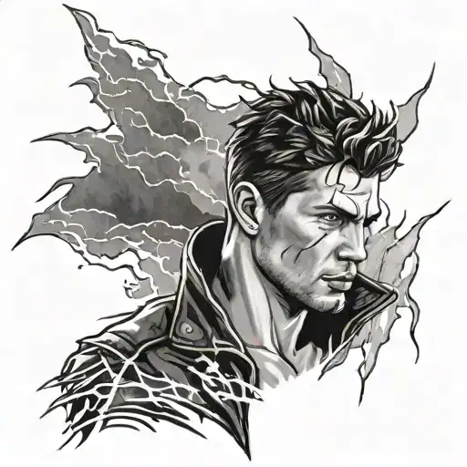 Dean Winchester standing strong in a storm, with lightning striking around him representing resilience tattoo design idea