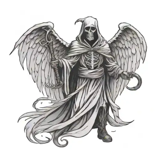 Tattoo of the grim reaper with angel wings holding a scythe in his left hand and a heart make of ice in his right hand,  tattoo design idea