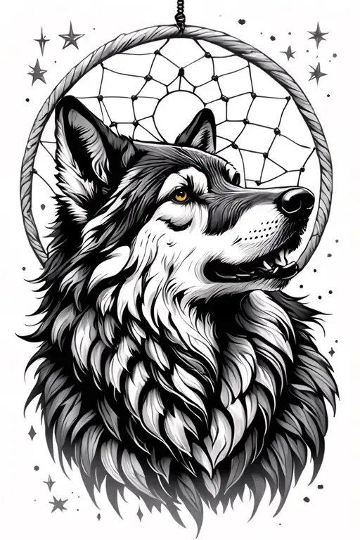 dream catcher wolf howling at stars forming tattoo design idea