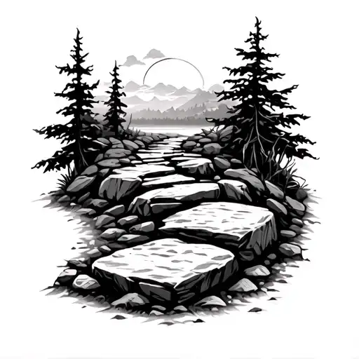 winding stone path weaving through obstacles  tattoo design idea