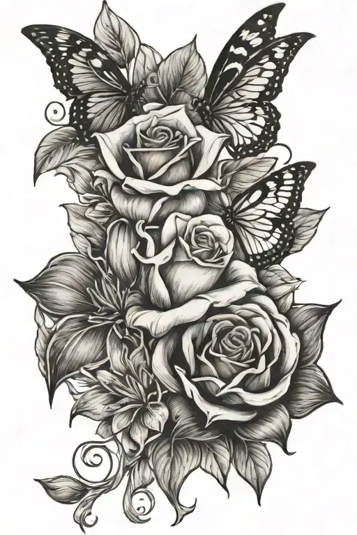 rose with butterfly and fire lily and calla lily and rose flower tattoo design idea