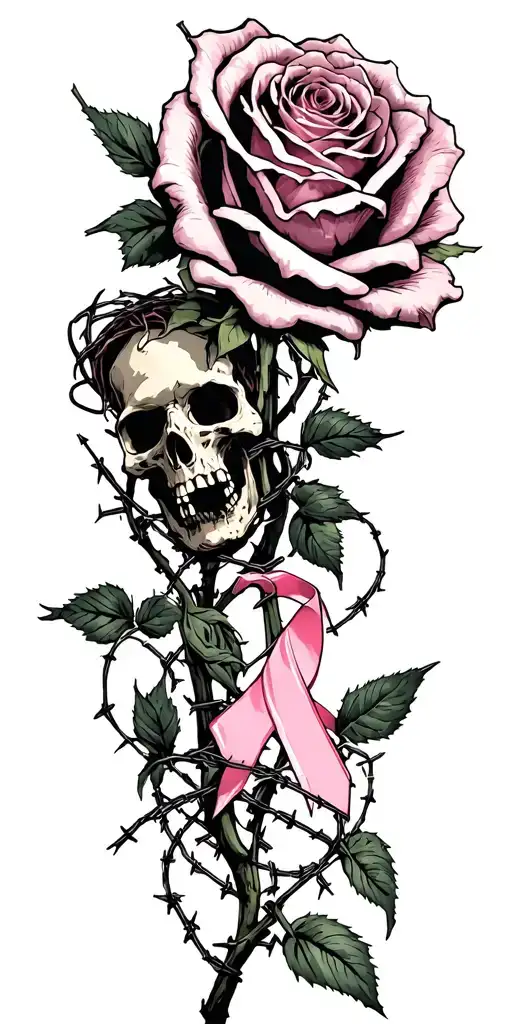dead roses, barbed wire wrapped, and breast cancer awarness tattoo design idea
