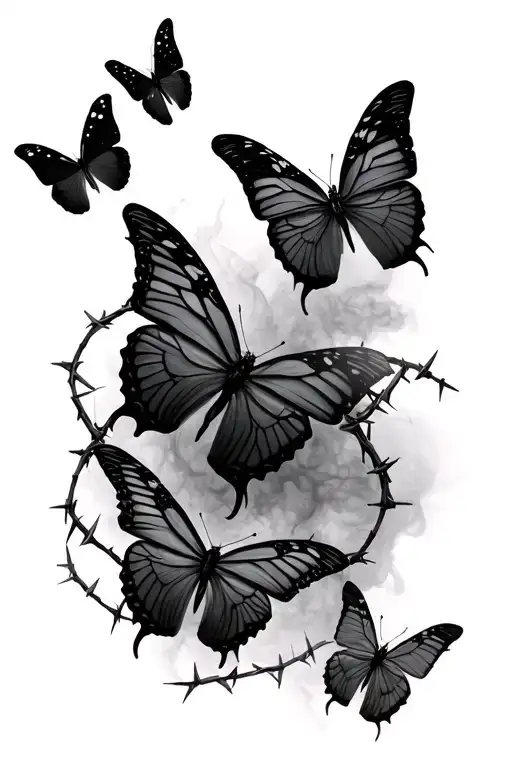 barbed  gothic wire with dark smokey butterflys floating next to it tattoo design idea