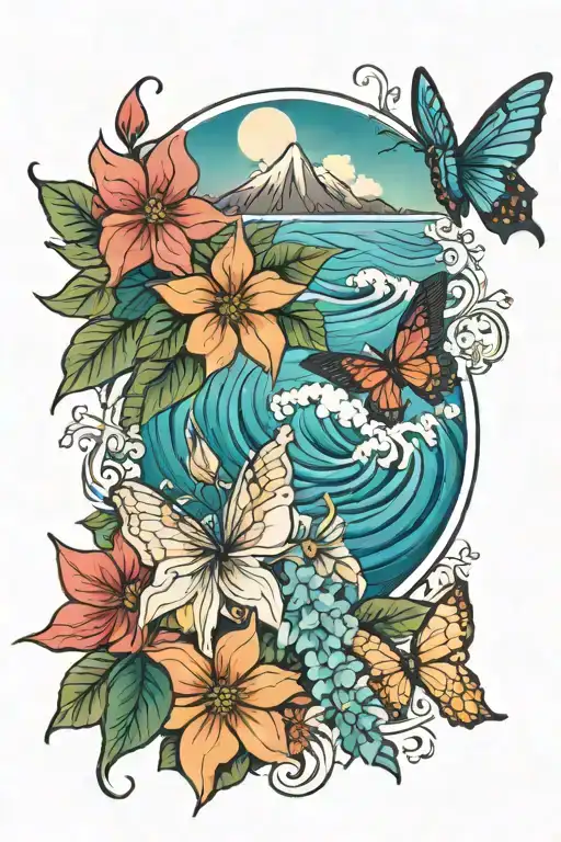 ocean waves, mountain peaks, poinsettia bouquet, butterfly, hummingbird tattoo design idea