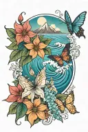 ocean waves, mountain peaks, poinsettia bouquet, butterfly, hummingbird tattoo design idea