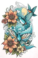 ocean waves, mountain peaks, poinsettia bouquet, butterfly, hummingbird tattoo design idea