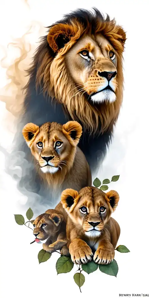 1 lion 3 cubs    3 clocks. and the names Henry Harris Isabella.    smoke roses tattoo design idea