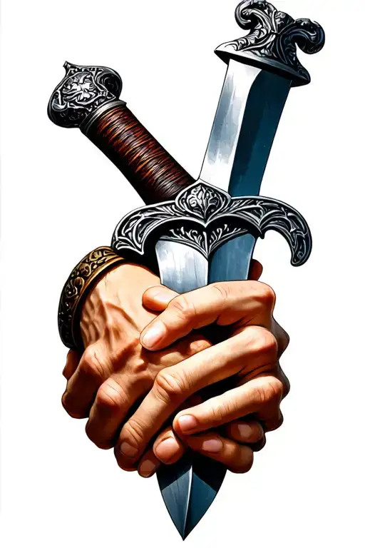 two hands clasped around a dagger. Theme of strong bond between brothers  tattoo design idea
