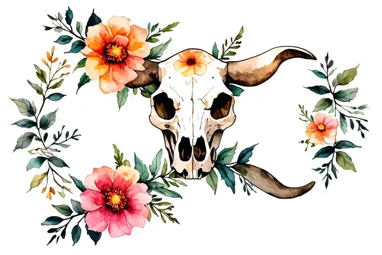 Cow skull with flowers tattoo design idea