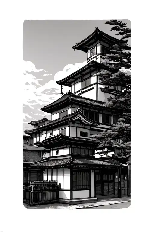 Japanese buildings tattoo design idea
