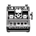 vintage slot machine with soccer ball skull face inside the slots with text "NO RISK" "NO REWARD" tattoo design idea