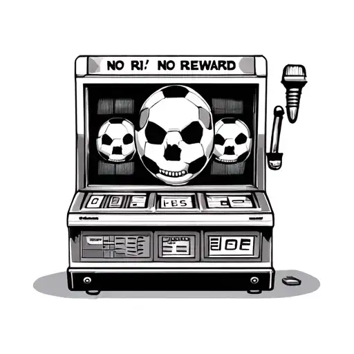 vintage slot machine with soccer ball skull face inside the slots with text "NO RISK" "NO REWARD" tattoo design idea