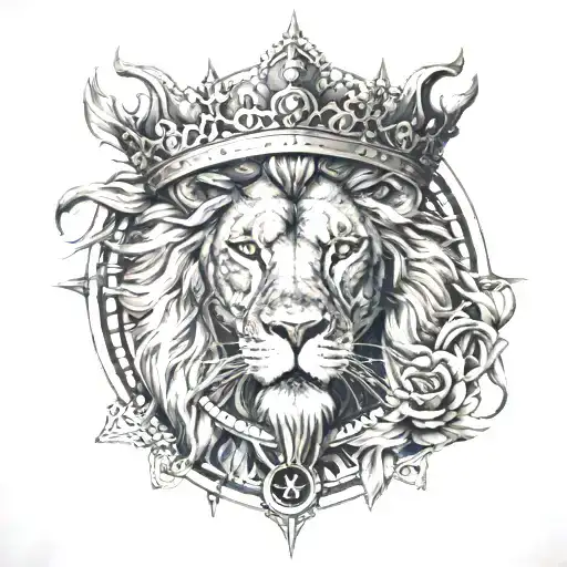 crown lion 3rd eye compass rose surrounded tattoo design idea
