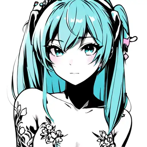 hatsune miku, lustful expression, bare breasts, anime style, art, tattoo style,  neo trible, black and white tattoo design idea