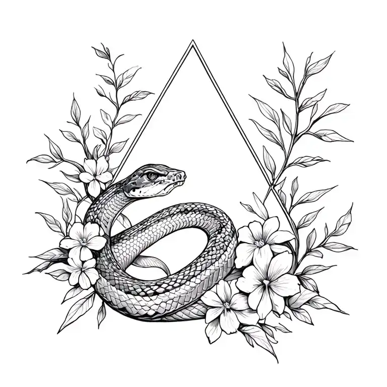 snake triangle flowers and plant branches tattoo design idea