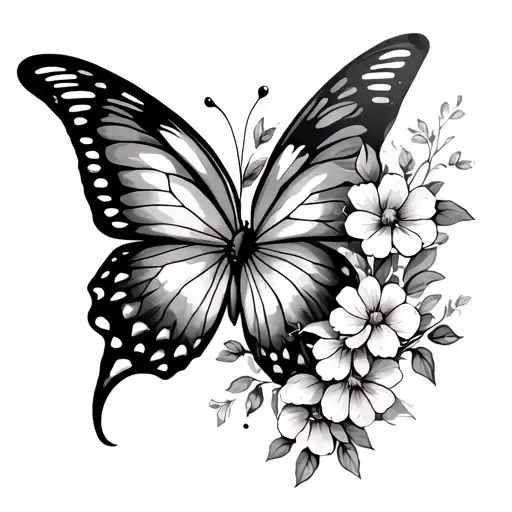 half butterfly wing with flowers growing tattoo design idea
