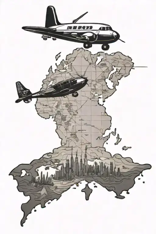 A vintage airplane flying over a map of the world, with landmarks from the client's favorite travel destinations marked tattoo design idea