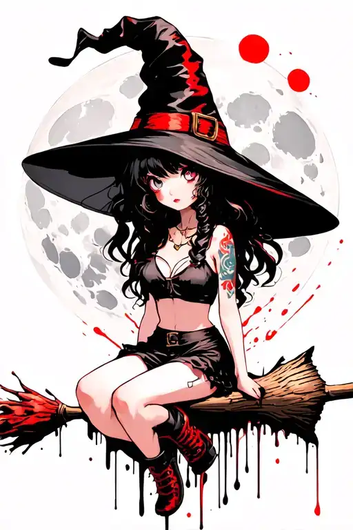 anime witch girl sitting on a broom in front of the moon with a large hat small crop top and short skirt large breasted tattoo design idea