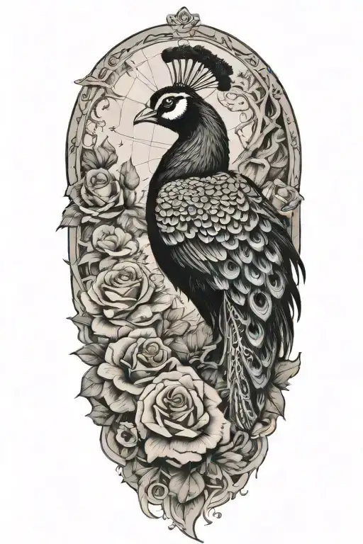 Peacock, Rose, World Map, Upper Arm tattoo design idea