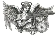 angel with scale and gun tattoo design idea