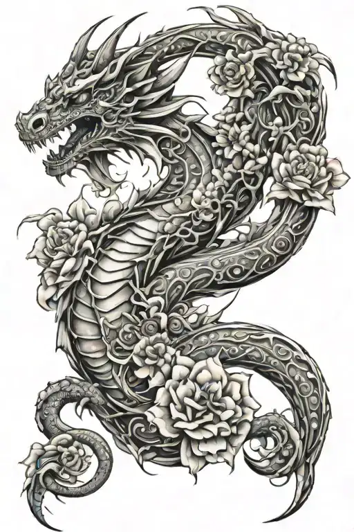 Dragon wrapped, sky and clouds, flowers tattoo design idea
