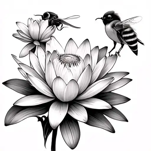 water lily, daisy, bee, huming birds side view tattoo design idea