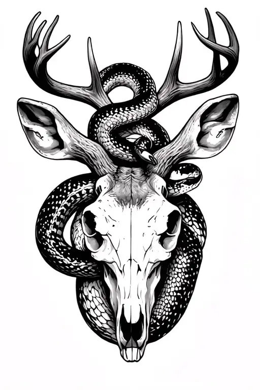 stag skull with rattlesnake in antlers tattoo design idea