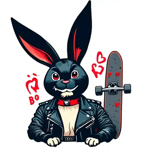 Design a bold, masculine Playboy bunny tattoo with a rugged edge. Use strong black or navy outlines for the bunny silhouette, giving it a confident, cheeky smirk. Add details like a leather jacket, a studded collar, or a skateboard under one arm. The color scheme should be dark and gritty, with minimal accents in red or silver. The style should feel rebellious and sharp, perfect for a forearm or shoulder tattoo, with a cool, boyish vibe. tattoo design idea