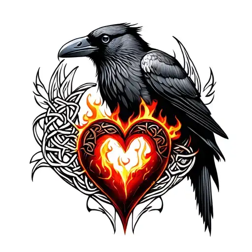 celtic crow and firey heart tattoo design idea