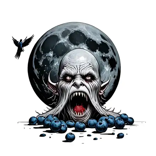 A sad terrifying monster a blueberry while crying desperately. A bloody moon in the background and an angel flying tattoo design idea
