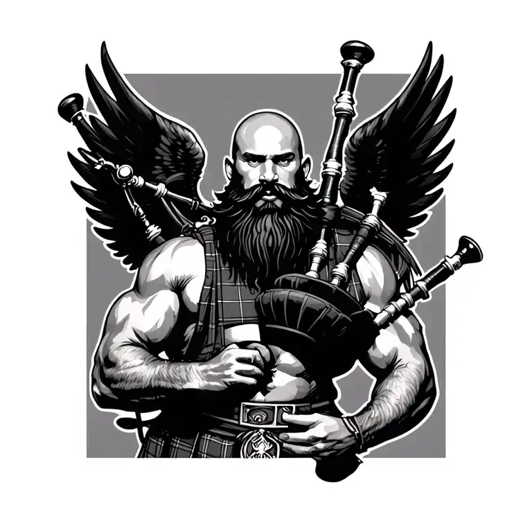 scottish bagpiper bald black beard muscular wearing glengarry pipes in arm big black wings tattoo design idea