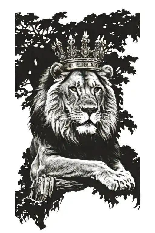 lion wearing a crown with a tree underneath tattoo design idea