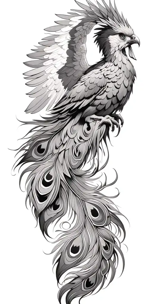 Phoenix, phoenix wings spread peacock feather tail tattoo design idea