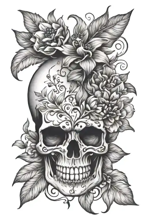 pomegranate skull and floral tattoo design idea