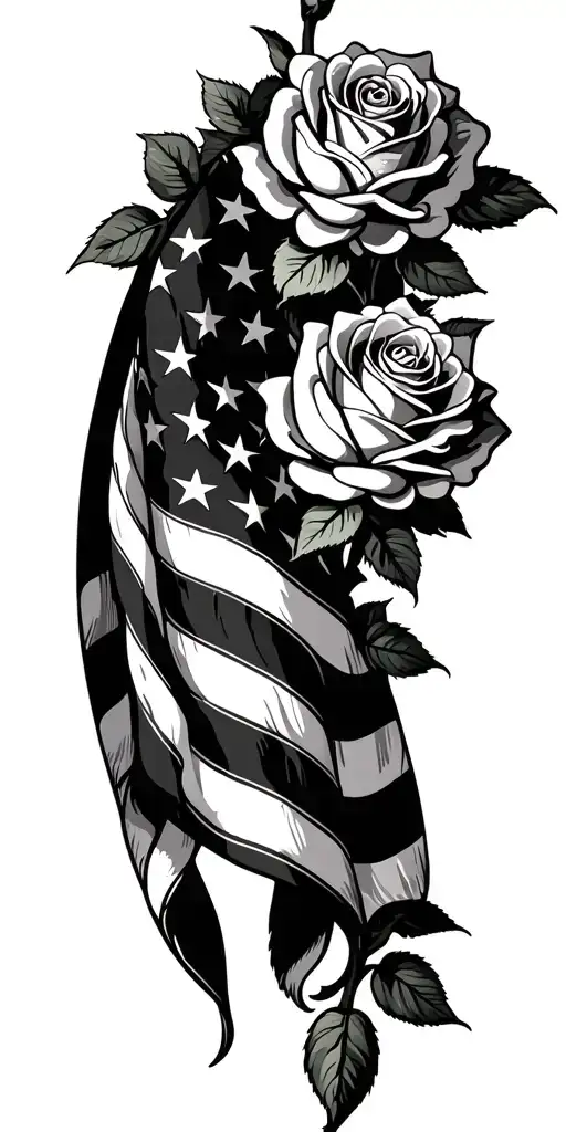 American flag with roses growing tattoo design idea