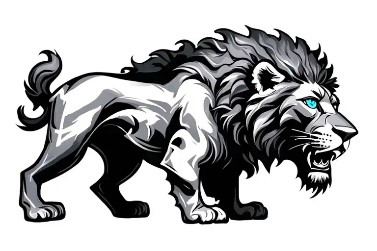 strong lion with blue eyes with cross tattoo design idea