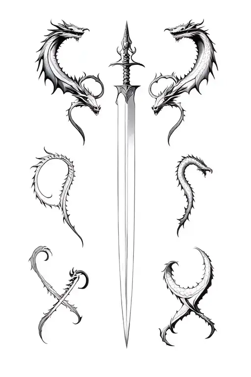 4 dragons, a knights sword piercing tattoo design idea