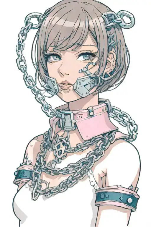 Sissy Slave Pink Leather Collar-with-chain-leash Pixie-cut Brown Hair Blue Eyes Flat Chest and chained.  half nacked tattoo design idea