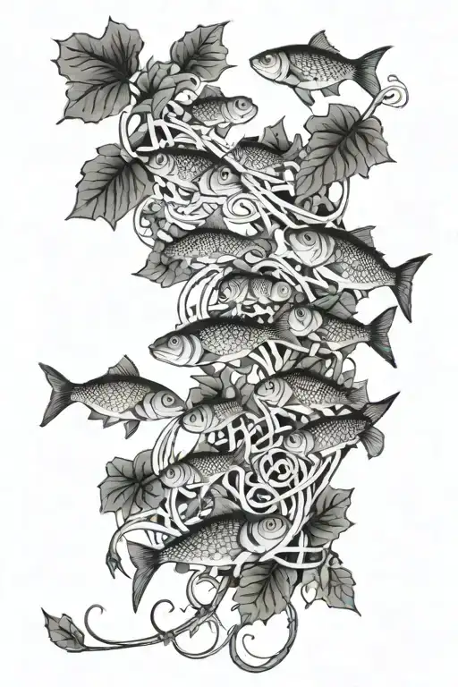 A black and grey tattoo design of a school of fish swimming through a maze of ivy and trees, symbolizing unity and interconnectedness tattoo design idea