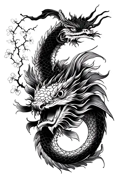 Dragon curled, Koi Fish, cherry tree, samurai mask tattoo design idea