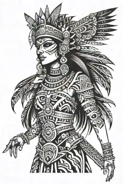 Aztec princess black and white drawing tattoo design idea