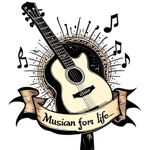 A traditional tattoo of a guitar surrounded by musical notes and a banner that says 'Musician for life' tattoo design idea